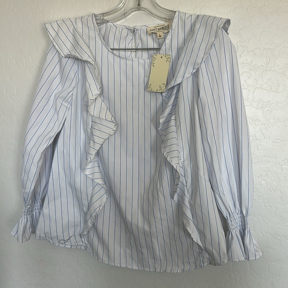Sweet Wanderer Tops - NWT sweet wanderer blouse white blue pin stripe puff preppy Large ruffle indie